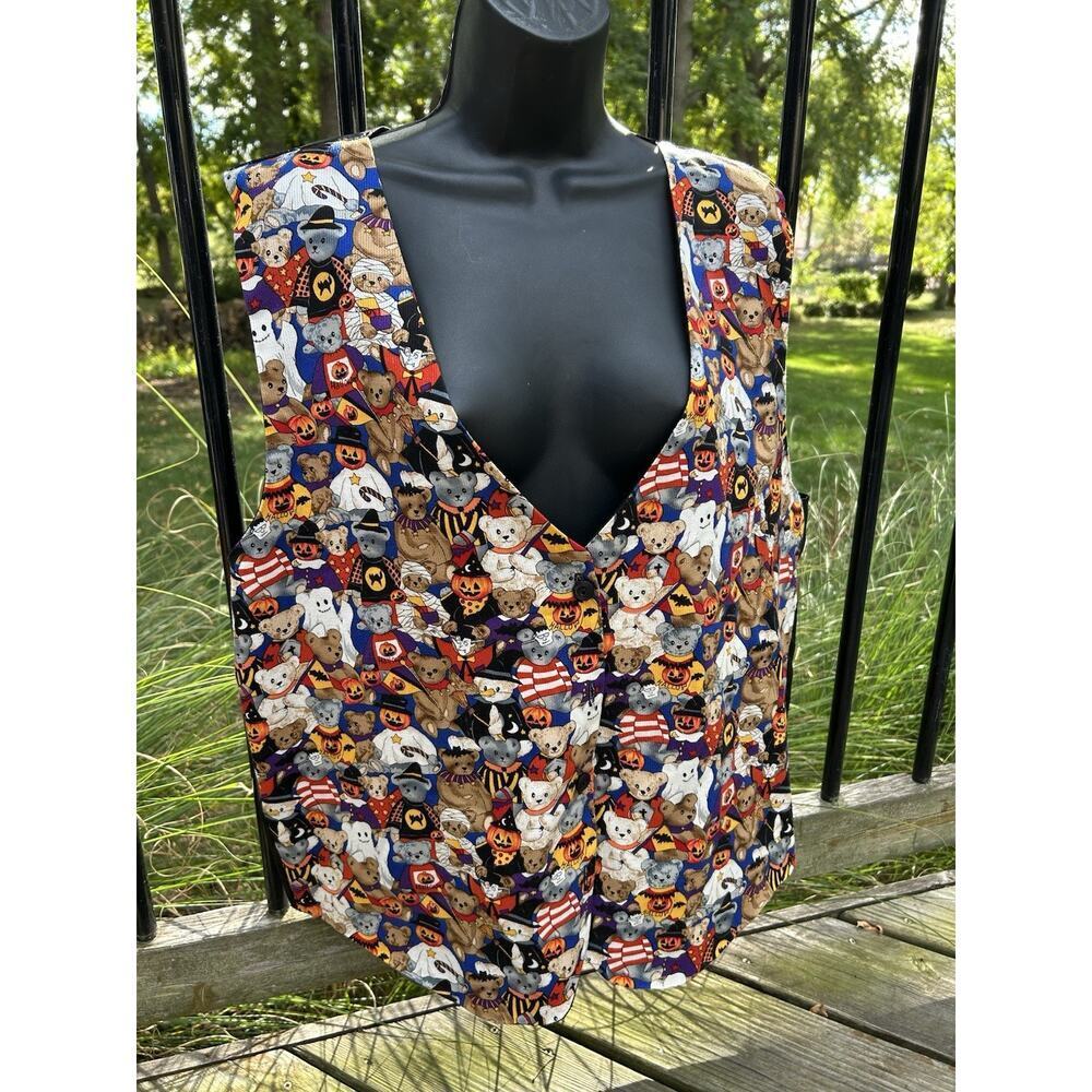 111 MAIN Vintage Halloween Button Vest 2XL XXL Teacher Pumpkin Teddy Bear USA